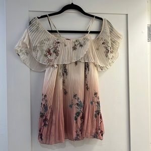 Floral Open Shoulder Pleated Blouse